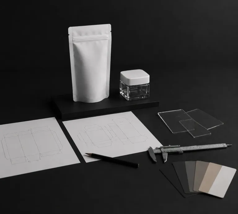 Cannaline packaging samples including a pouch, jar, vial, and dropper bottle