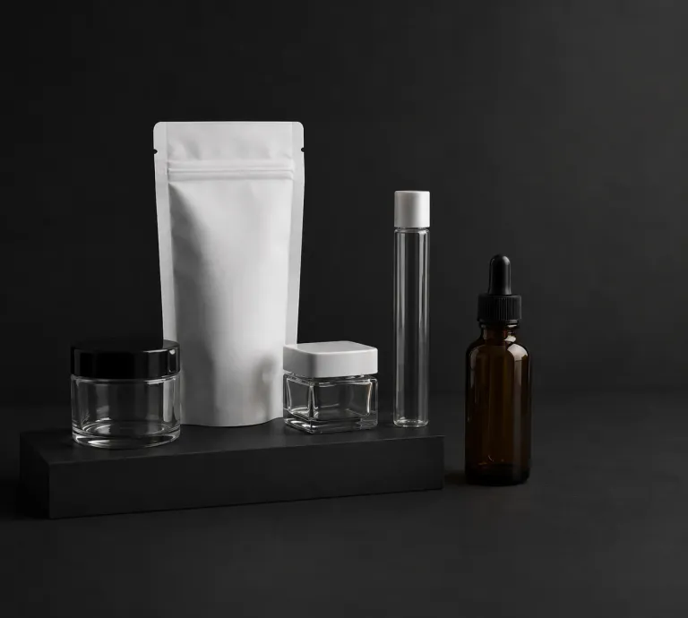 Cannaline packaging jars, pouches, and bottles arranged in a product display