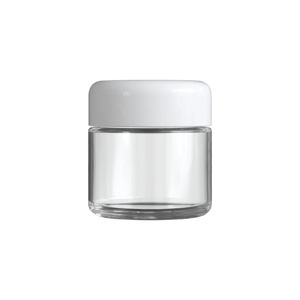 2 Oz Child Resistant Clear Glass C-Class Jar with Plastic Shiny White Lid