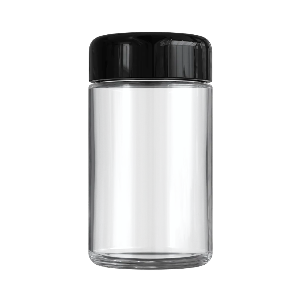 5 Oz Clear Glass Child Resistant C-Class Jar with Plastic Glossy Black Lid