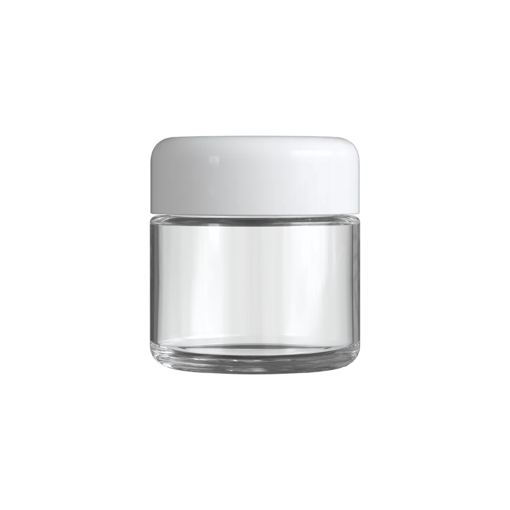 2 Oz Child Resistant Clear Glass C-Class Jar with Plastic Shiny White Lid