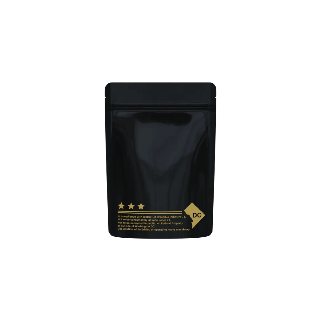 1/8th Ounce Matte Black/Gold DC Code Smell Proof Mylar Bags