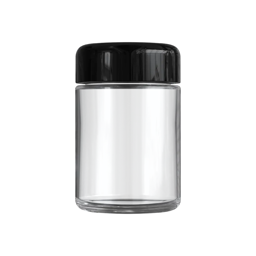 4 Oz Clear Glass Child Resistant C-Class Jar with Plastic Glossy Black Lid