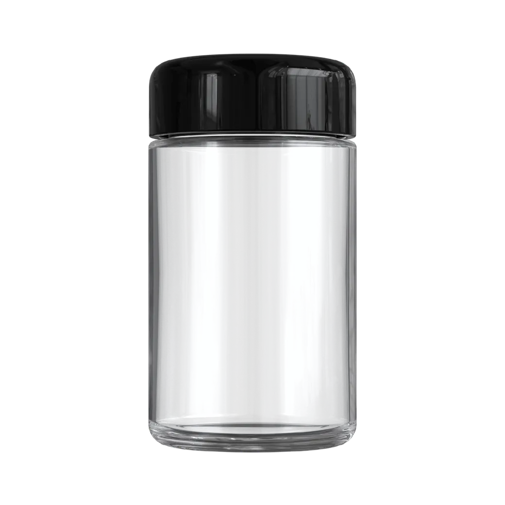 5 Oz Clear Glass Child Resistant C-Class Jar with Plastic Glossy Black Lid