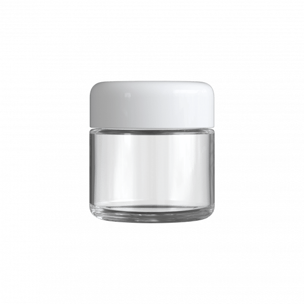 Cannaline's 2 Oz clear glass child resistant c-class jar with Glossy white lid on